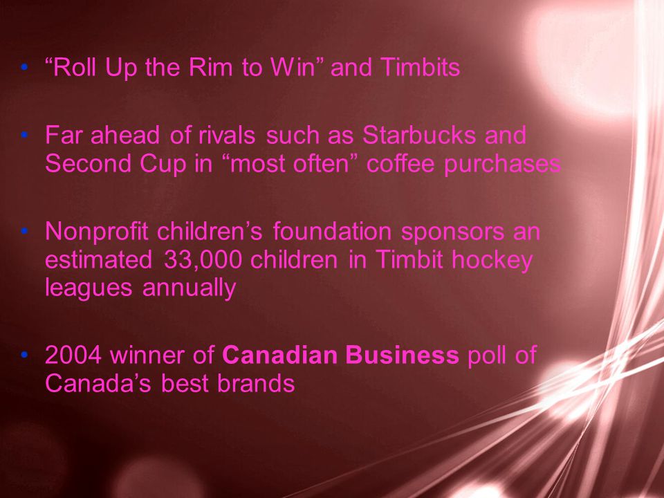 Roll Up the Rim to Win and Timbits Far ahead of rivals such as Starbucks and Second Cup in most often coffee purchases Nonprofit children’s foundation sponsors an estimated 33,000 children in Timbit hockey leagues annually 2004 winner of Canadian Business poll of Canada’s best brands