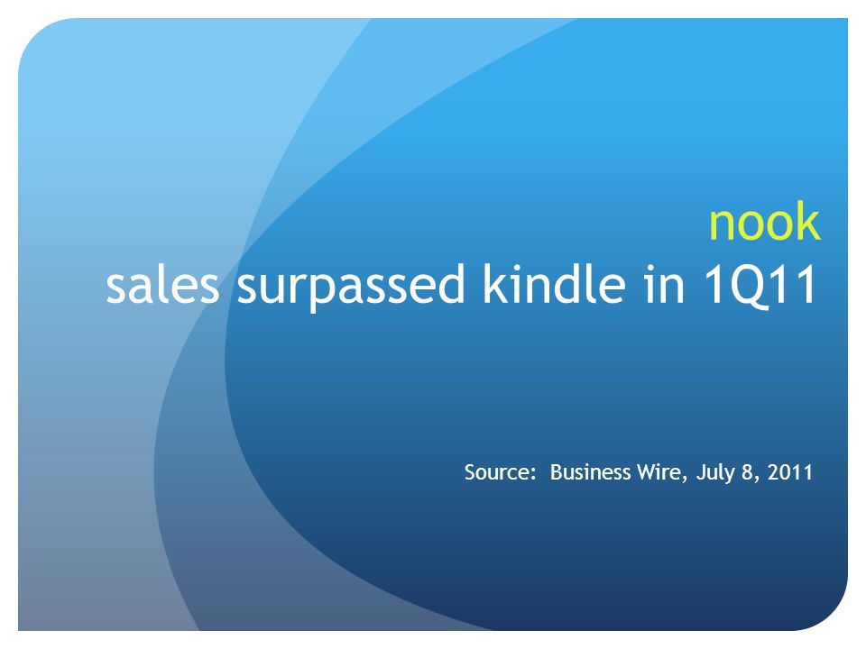 nook sales surpassed kindle in 1Q11 Source: Business Wire, July 8, 2011