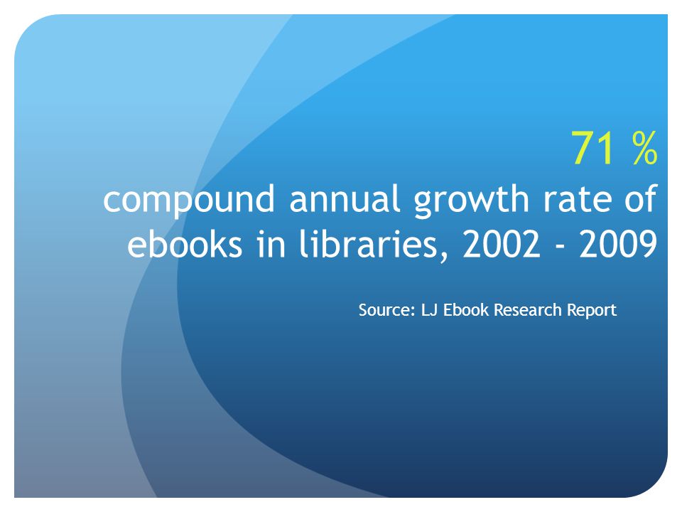 71 % compound annual growth rate of ebooks in libraries, Source: LJ Ebook Research Report