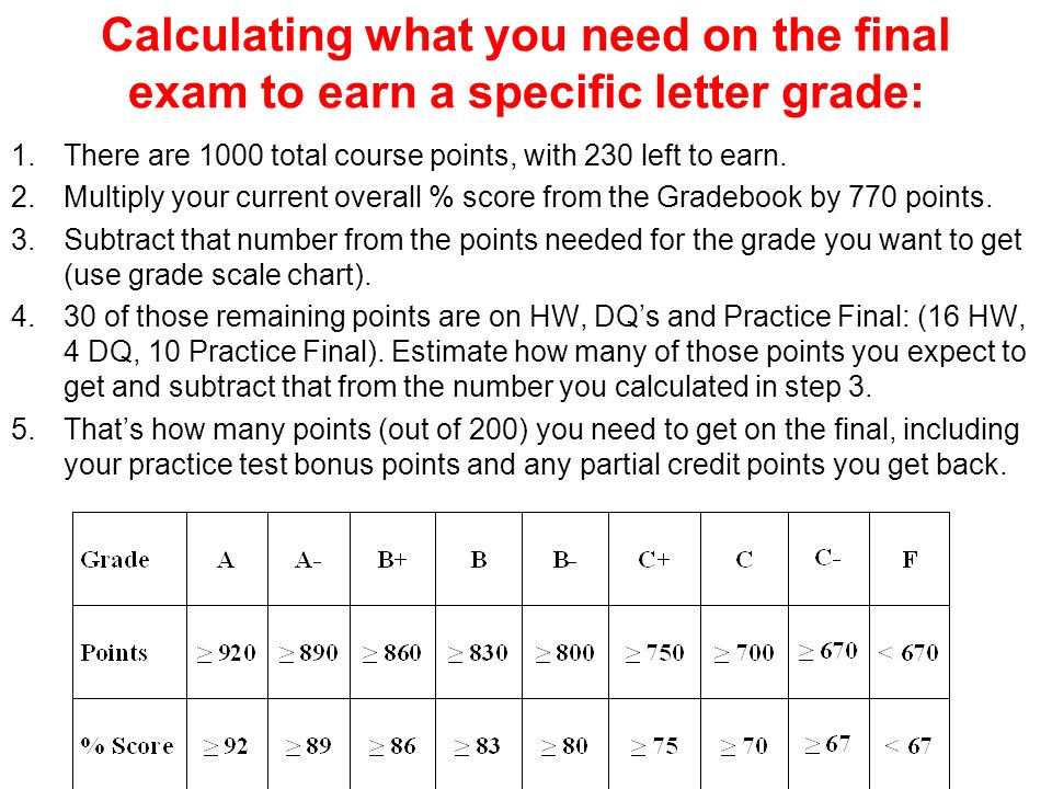 Calculating what you need on the final exam to earn a specific letter grade: 1.There are 1000 total course points, with 230 left to earn.