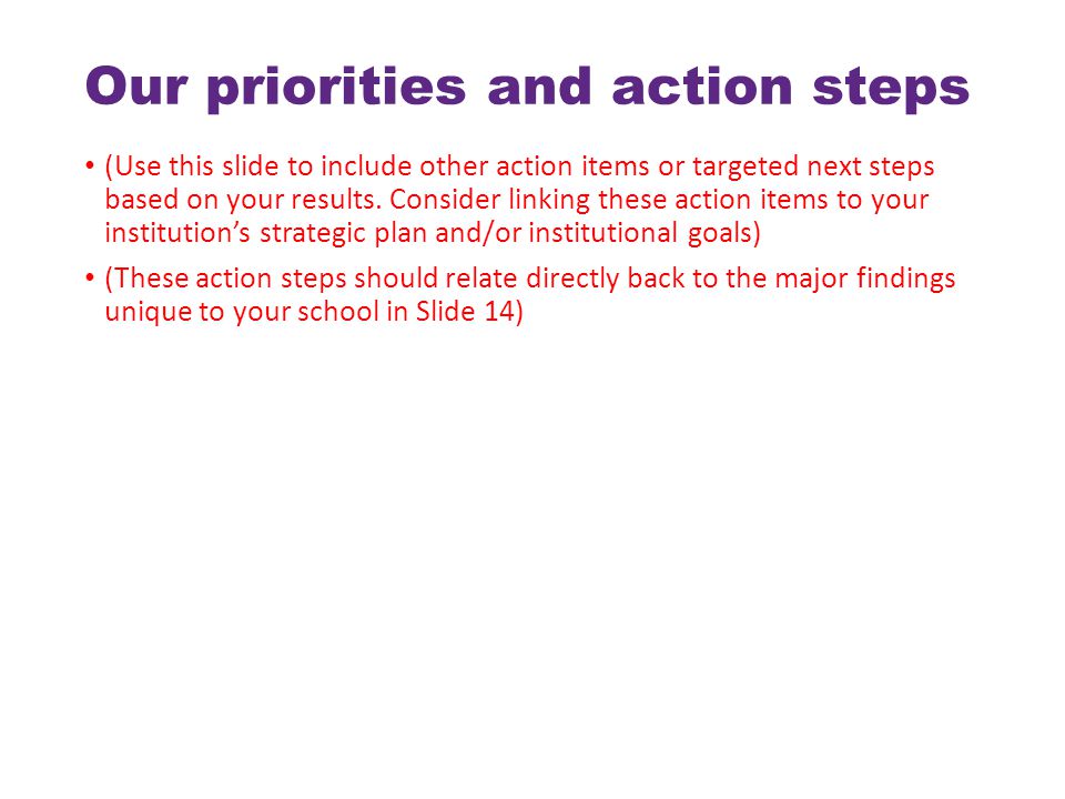 Our priorities and action steps (Use this slide to include other action items or targeted next steps based on your results.