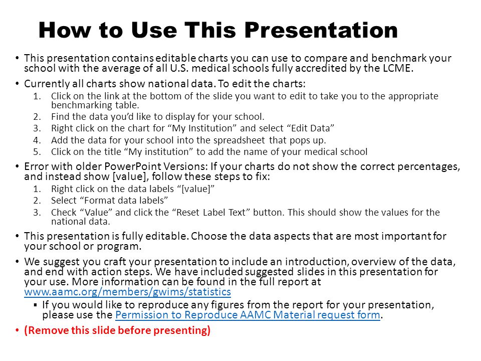 How to Use This Presentation This presentation contains editable charts you can use to compare and benchmark your school with the average of all U.S.