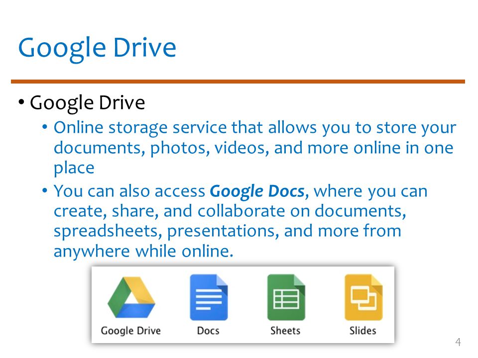 Google Drive Online storage service that allows you to store your documents, photos, videos, and more online in one place You can also access Google Docs, where you can create, share, and collaborate on documents, spreadsheets, presentations, and more from anywhere while online.