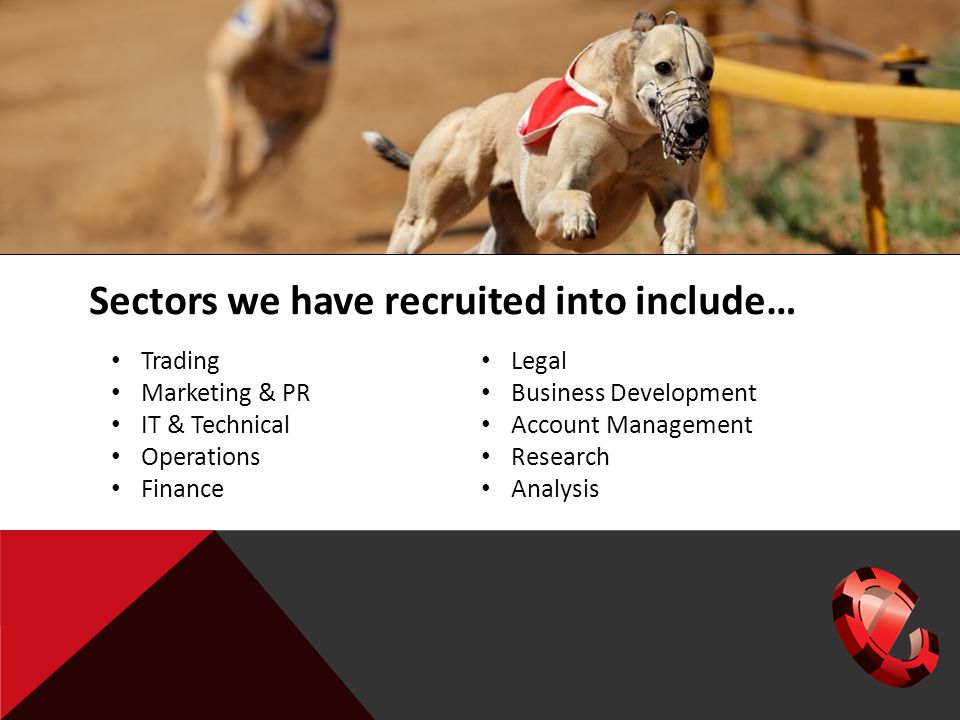 Sectors we have recruited into include… Trading Marketing & PR IT & Technical Operations Finance Legal Business Development Account Management Research Analysis