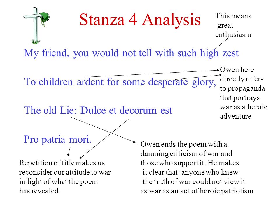 Stanza 4 Analysis My friend, you would not tell with such high zest To children ardent for some desperate glory, The old Lie: Dulce et decorum est Pro patria mori.