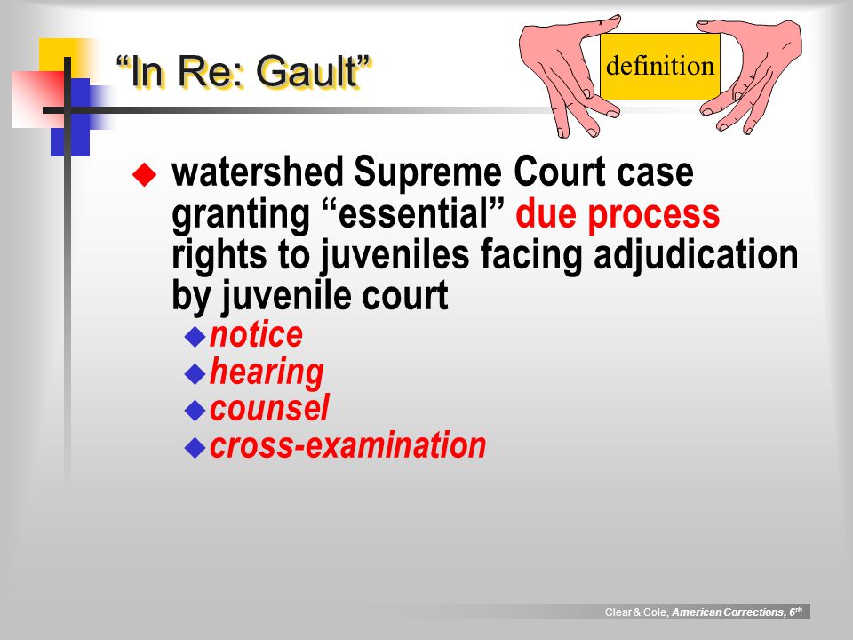 Clear & Cole, American Corrections, 6 th In Re: Gault  watershed Supreme Court case granting essential due process rights to juveniles facing adjudication by juvenile court  notice  hearing  counsel  cross-examination definition