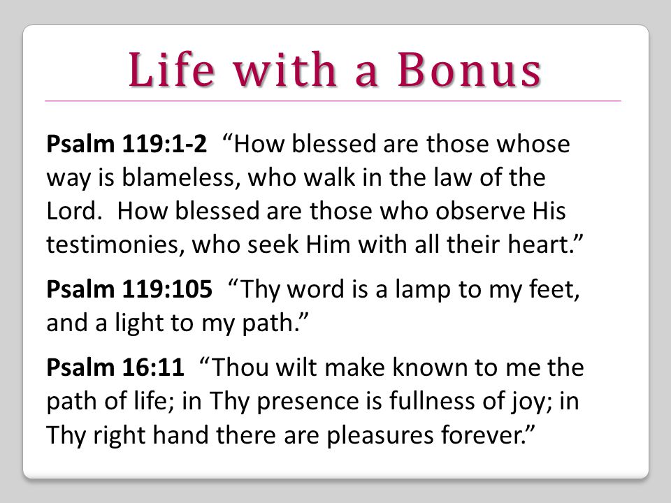 Life with a Bonus Psalm 119:1-2 How blessed are those whose way is blameless, who walk in the law of the Lord.