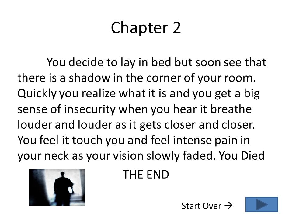 Chapter 2 You decide to lay in bed but soon see that there is a shadow in the corner of your room.
