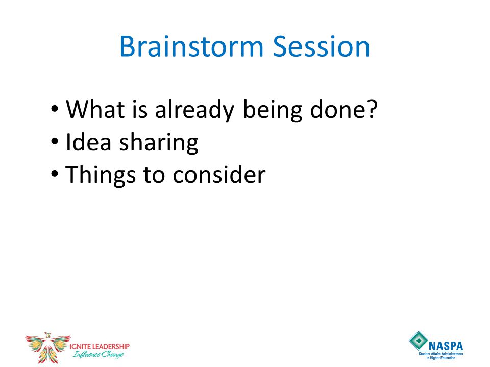 Brainstorm Session What is already being done Idea sharing Things to consider