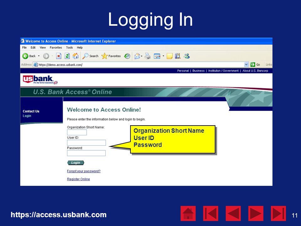 11 Logging In   Organization Short Name User ID Password Organization Short Name User ID Password