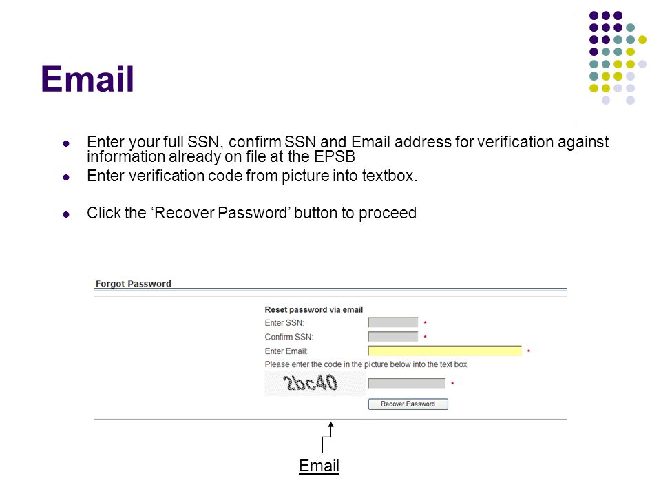 Enter your full SSN, confirm SSN and  address for verification against information already on file at the EPSB Enter verification code from picture into textbox.