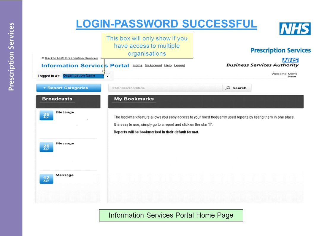 LOGIN-PASSWORD SUCCESSFUL Information Services Portal Home Page - Reports will be bookmarked in their default format This box will only show if you have access to multiple organisations