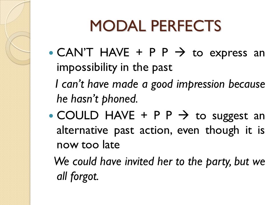 MODAL PERFECTS CAN’T HAVE + P P  to express an impossibility in the past I can’t have made a good impression because he hasn’t phoned.
