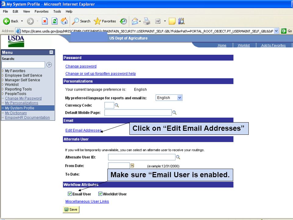 Click on Edit  Addresses Make sure  User is enabled.