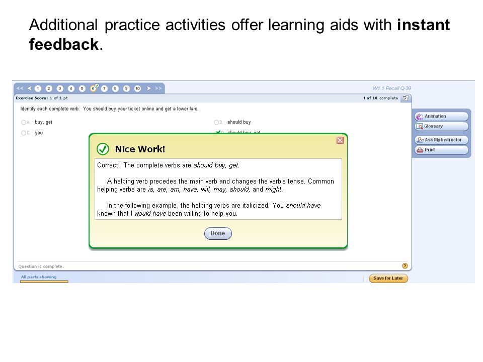 Additional practice activities offer learning aids with instant feedback.