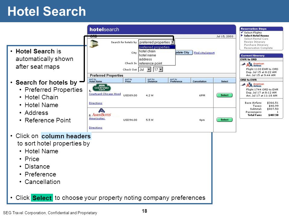 SEG Travel Corporation, Confidential and Proprietary 18 Hotel Search is automatically shown after seat maps Hotel Search Click on to sort hotel properties by Hotel Name Price Distance Preference Cancellation column headers Click to choose your property noting company preferences Select Search for hotels by Preferred Properties Hotel Chain Hotel Name Address Reference Point