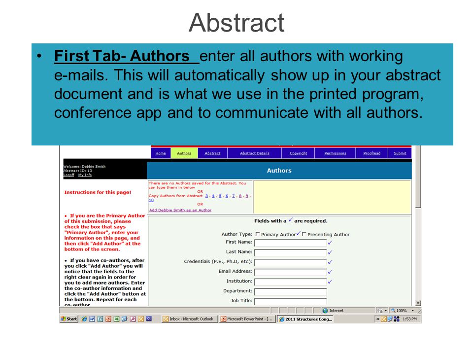 Abstract First Tab- Authors enter all authors with working  s.