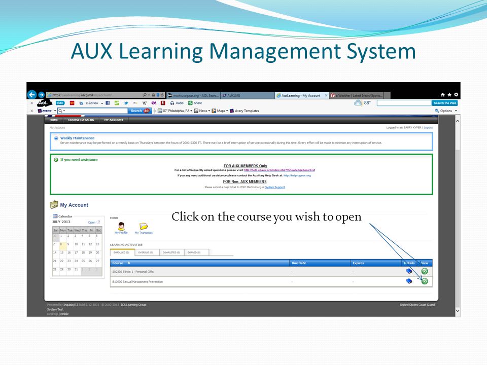 AUX Learning Management System Click on the course you wish to open