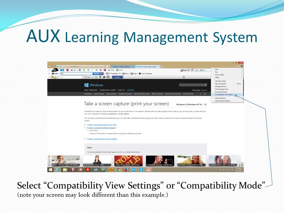 AUX Learning Management System Select Compatibility View Settings or Compatibility Mode (note your screen may look different than this example.)