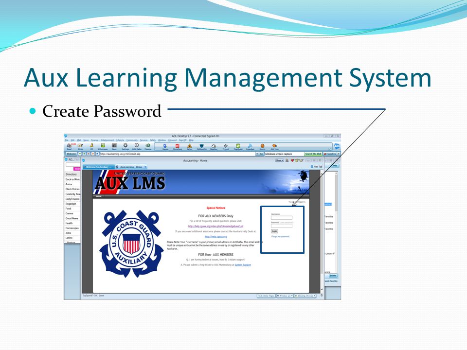 Aux Learning Management System Create Password