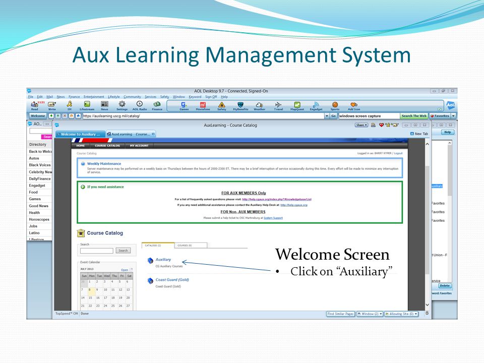 Aux Learning Management System Welcome Screen Click on Auxiliary