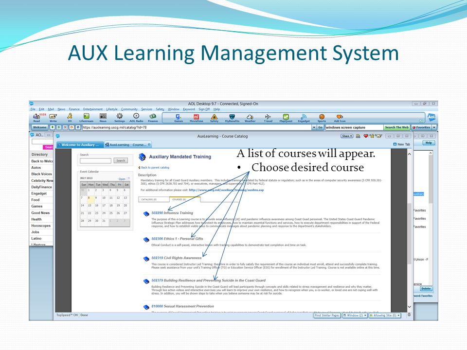 AUX Learning Management System A list of courses will appear. Choose desired course