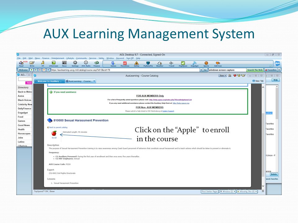 AUX Learning Management System Click on the Apple to enroll in the course