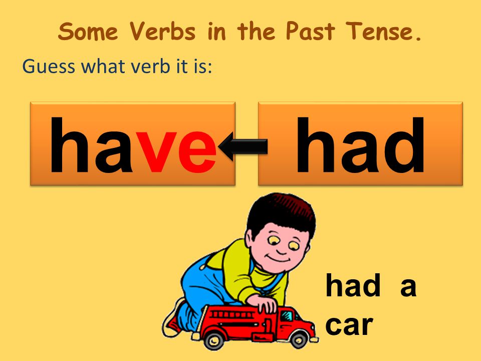 Guess what verb it is: had have had a car Some Verbs in the Past Tense.