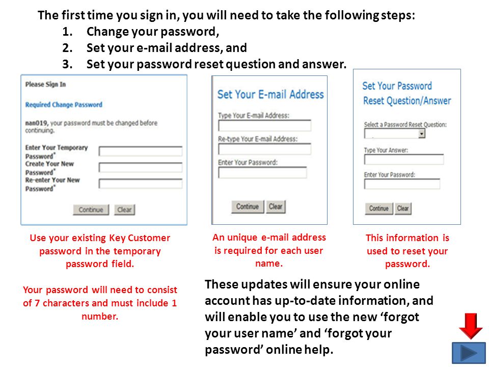 The first time you sign in, you will need to take the following steps: 1.Change your password, 2.Set your  address, and 3.Set your password reset question and answer.