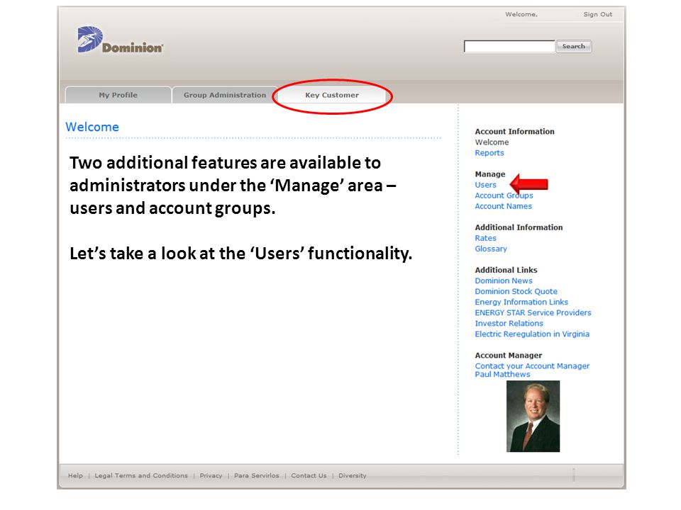 Two additional features are available to administrators under the ‘Manage’ area – users and account groups.