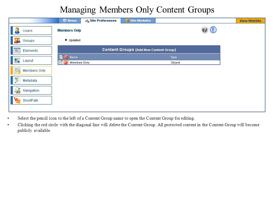 Managing Members Only Content Groups Select the pencil icon to the left of a Content Group name to open the Content Group for editing.