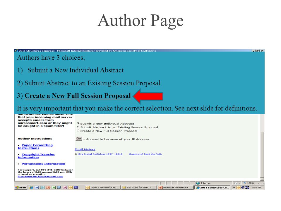 Author Page Authors have 3 choices; 1)Submit a New Individual Abstract 2) Submit Abstract to an Existing Session Proposal 3) Create a New Full Session Proposal It is very important that you make the correct selection.