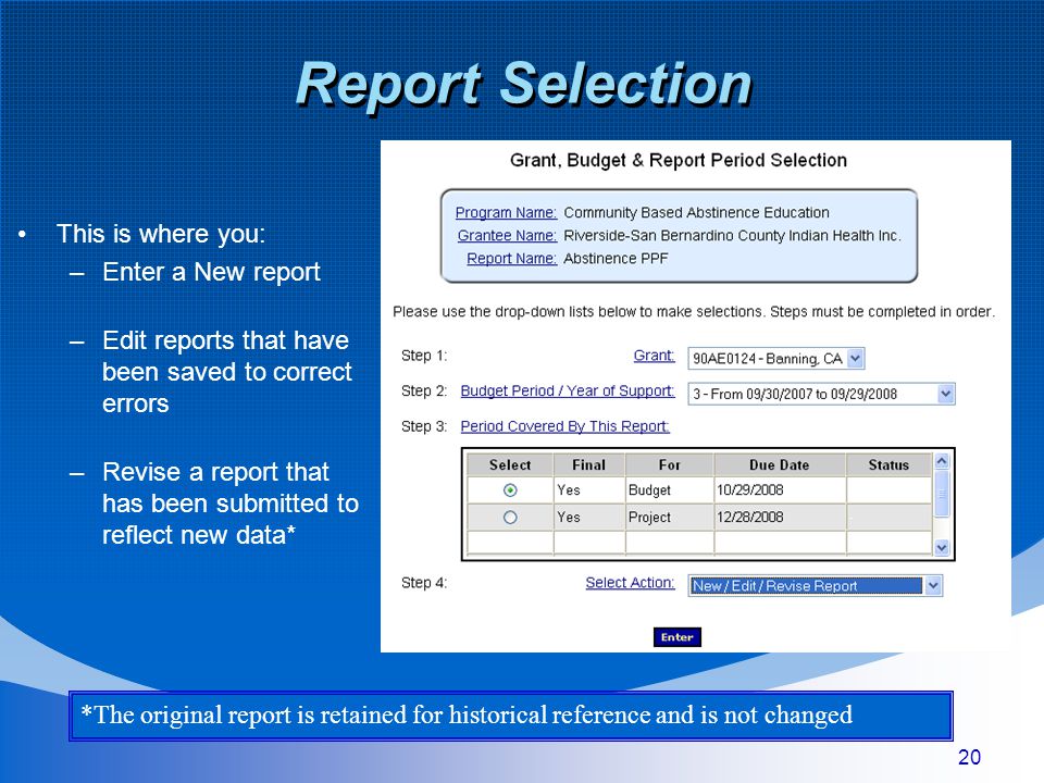 20 Report Selection This is where you: –Enter a New report –Edit reports that have been saved to correct errors –Revise a report that has been submitted to reflect new data* *The original report is retained for historical reference and is not changed