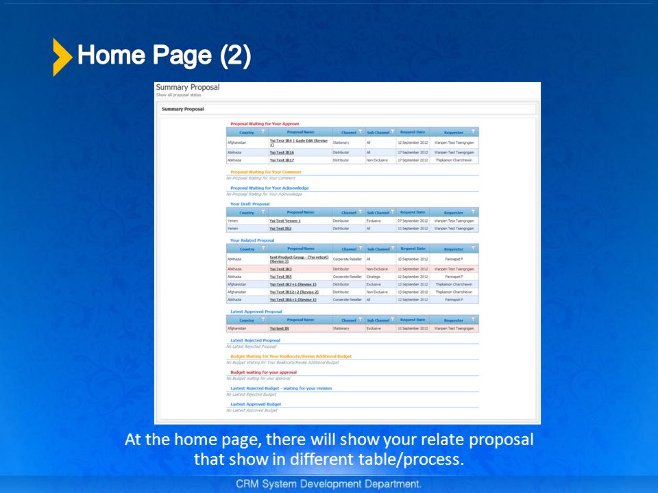 At the home page, there will show your relate proposal that show in different table/process.