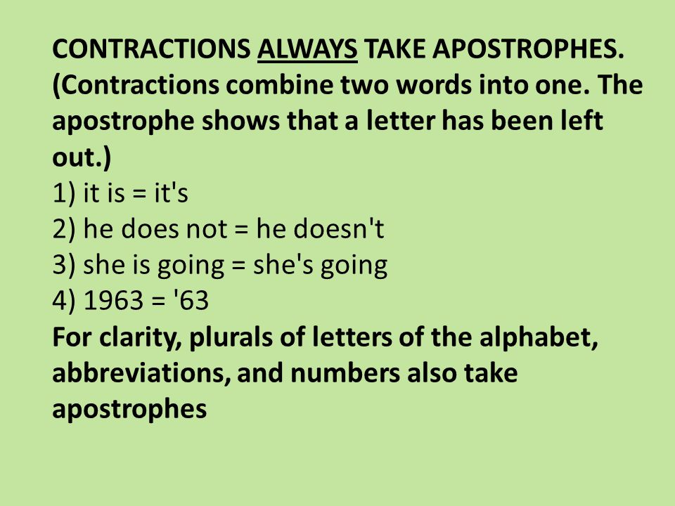 CONTRACTIONS ALWAYS TAKE APOSTROPHES. (Contractions combine two words into one.