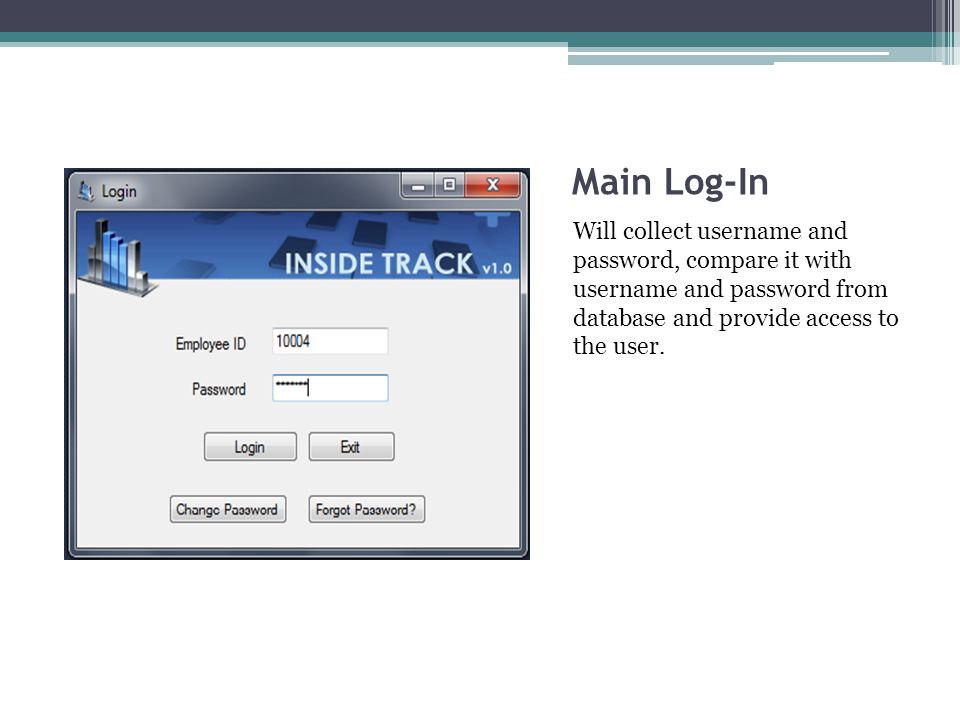Main Log-In Will collect username and password, compare it with username and password from database and provide access to the user.