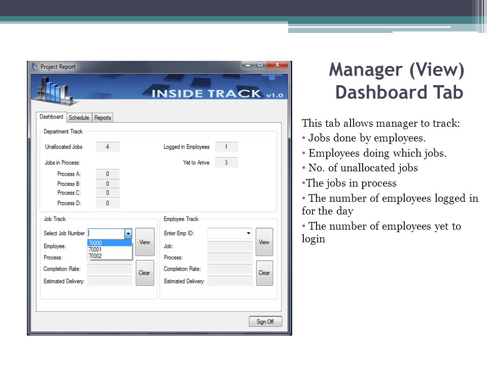 Manager (View) Dashboard Tab This tab allows manager to track: Jobs done by employees.