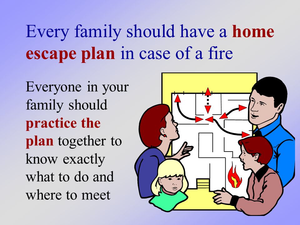 Every family should have a home escape plan in case of a fire Everyone in your family should practice the plan together to know exactly what to do and where to meet