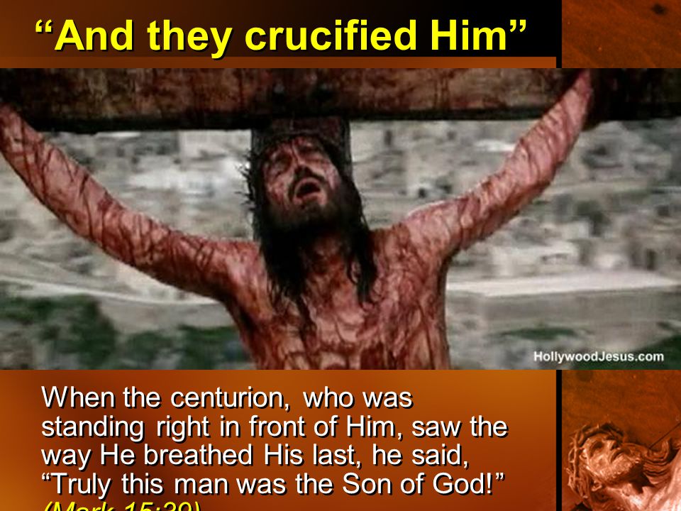 And they crucified Him When the centurion, who was standing right in front of Him, saw the way He breathed His last, he said, Truly this man was the Son of God! (Mark 15:39)