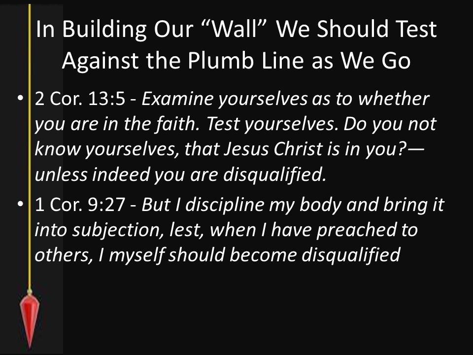 In Building Our Wall We Should Test Against the Plumb Line as We Go 2 Cor.