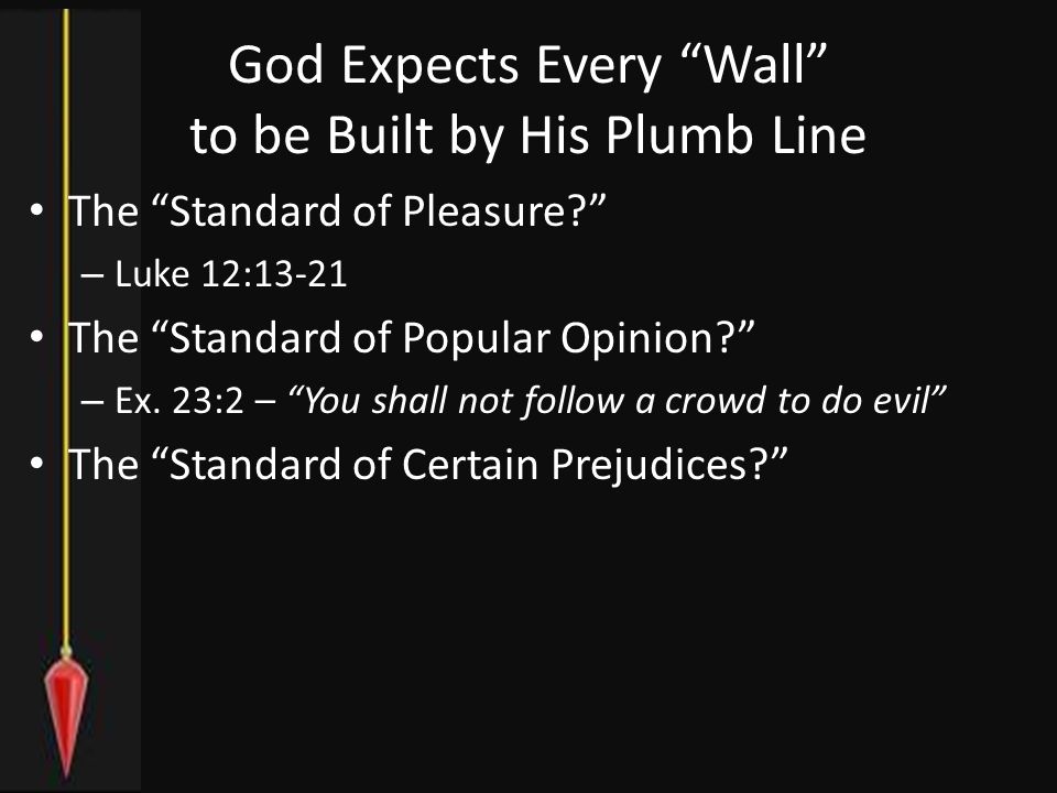 God Expects Every Wall to be Built by His Plumb Line The Standard of Pleasure – Luke 12:13-21 The Standard of Popular Opinion – Ex.