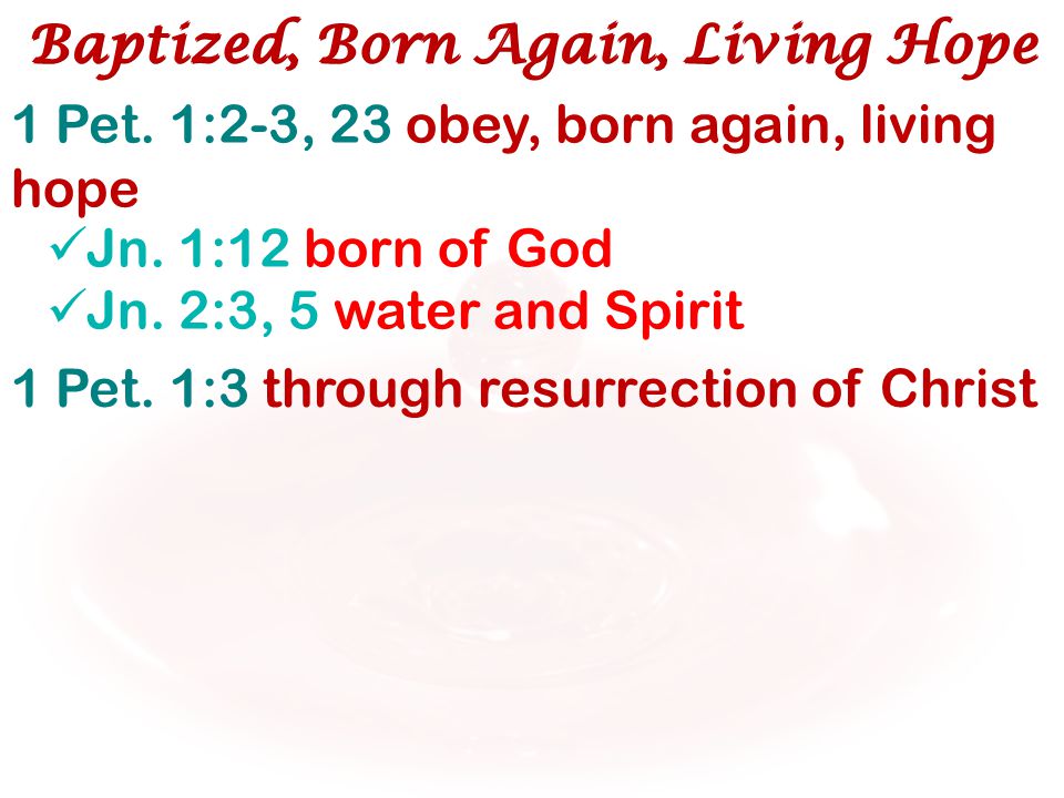 1 Pet. 1:2-3, 23 obey, born again, living hope Jn.