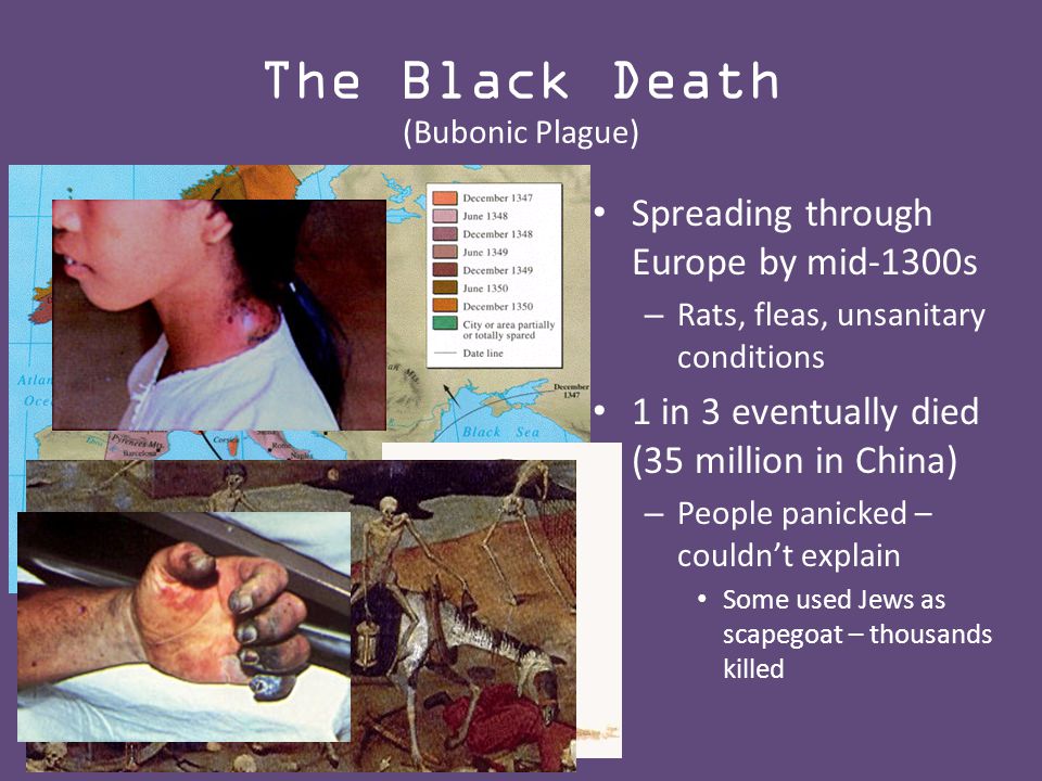 The Black Death (Bubonic Plague) Spreading through Europe by mid-1300s – Rats, fleas, unsanitary conditions 1 in 3 eventually died (35 million in China) – People panicked – couldn’t explain Some used Jews as scapegoat – thousands killed