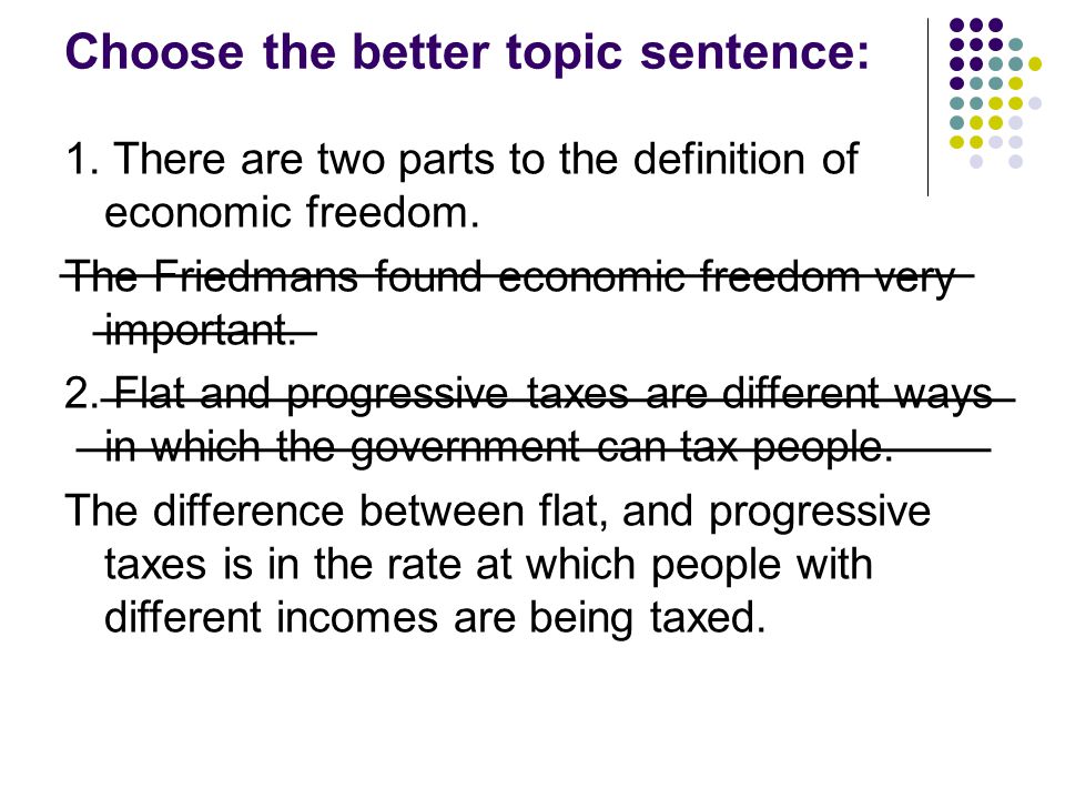 Choose the better topic sentence: 1. There are two parts to the definition of economic freedom.