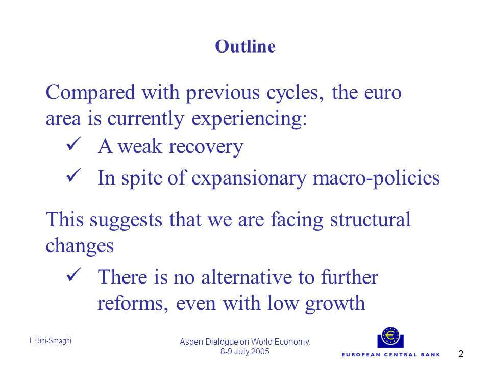 L Bini-Smaghi Aspen Dialogue on World Economy, 8-9 July Outline Compared with previous cycles, the euro area is currently experiencing: A weak recovery In spite of expansionary macro-policies This suggests that we are facing structural changes There is no alternative to further reforms, even with low growth
