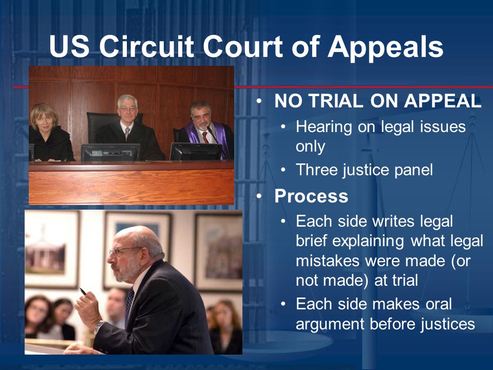 US Circuit Court of Appeals NO TRIAL ON APPEAL Hearing on legal issues only Three justice panel Process Each side writes legal brief explaining what legal mistakes were made (or not made) at trial Each side makes oral argument before justices