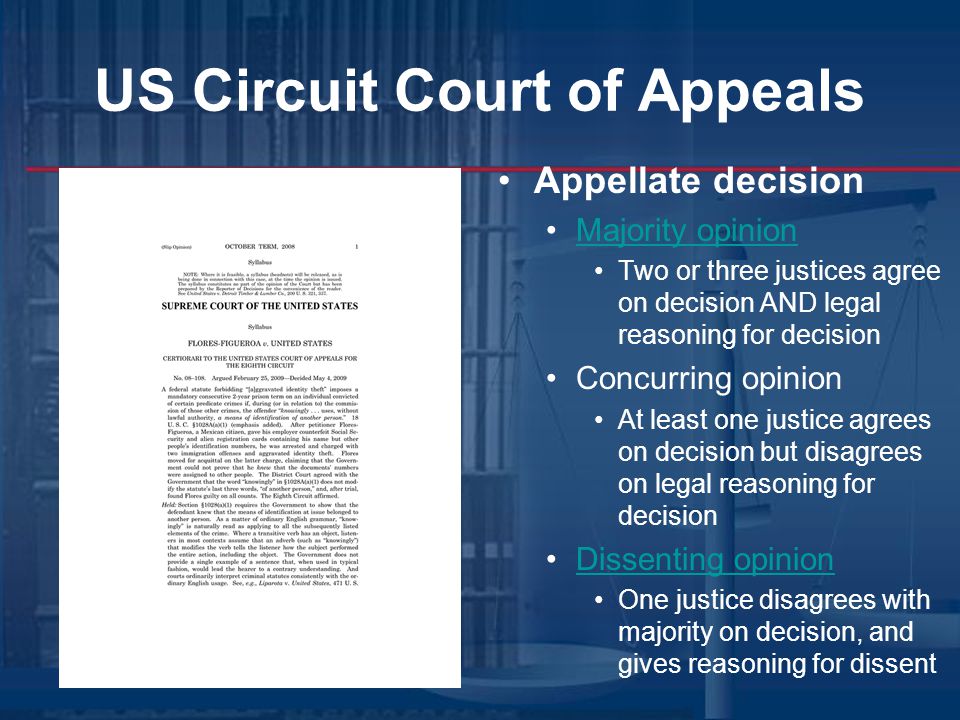 US Circuit Court of Appeals Appellate decision Majority opinion Two or three justices agree on decision AND legal reasoning for decision Concurring opinion At least one justice agrees on decision but disagrees on legal reasoning for decision Dissenting opinion One justice disagrees with majority on decision, and gives reasoning for dissent