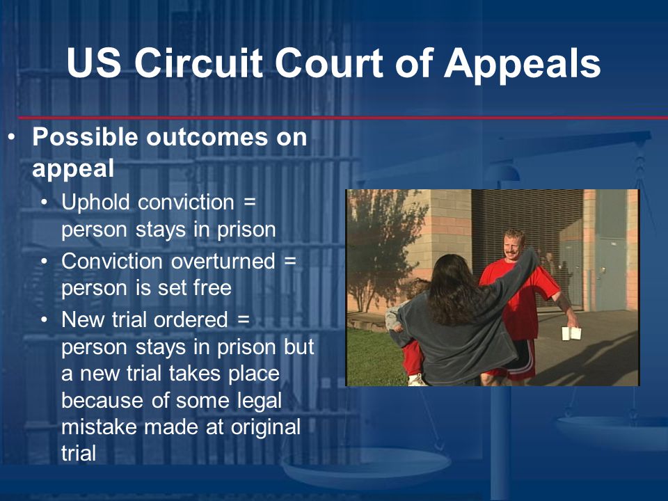US Circuit Court of Appeals Possible outcomes on appeal Uphold conviction = person stays in prison Conviction overturned = person is set free New trial ordered = person stays in prison but a new trial takes place because of some legal mistake made at original trial
