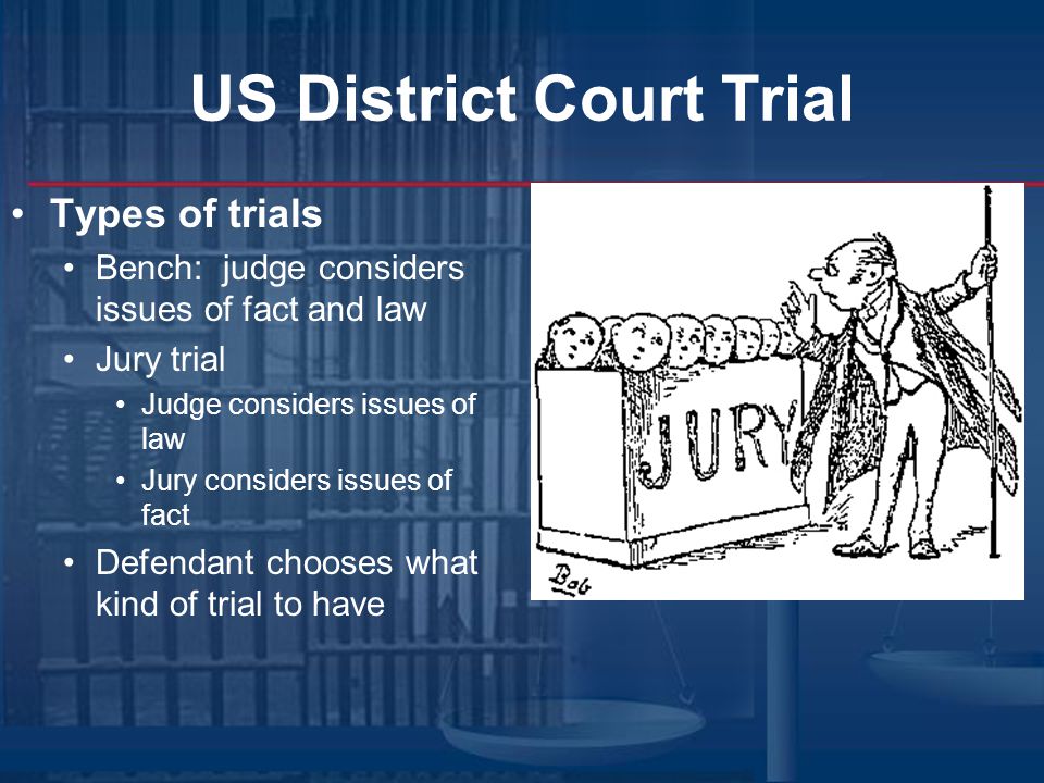 US District Court Trial Types of trials Bench: judge considers issues of fact and law Jury trial Judge considers issues of law Jury considers issues of fact Defendant chooses what kind of trial to have