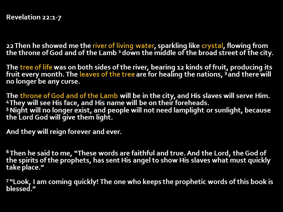 Revelation 22: Then he showed me the river of living water, sparkling like crystal, flowing from the throne of God and of the Lamb 2 down the middle of the broad street of the city.